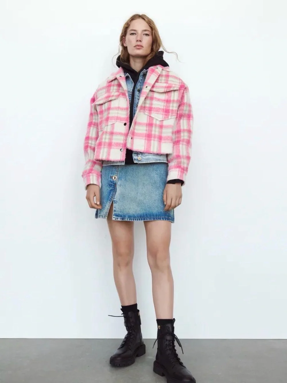 ZARA Pink and Cream Plaid Wool-Blend Shacket - Picture 5 of 5